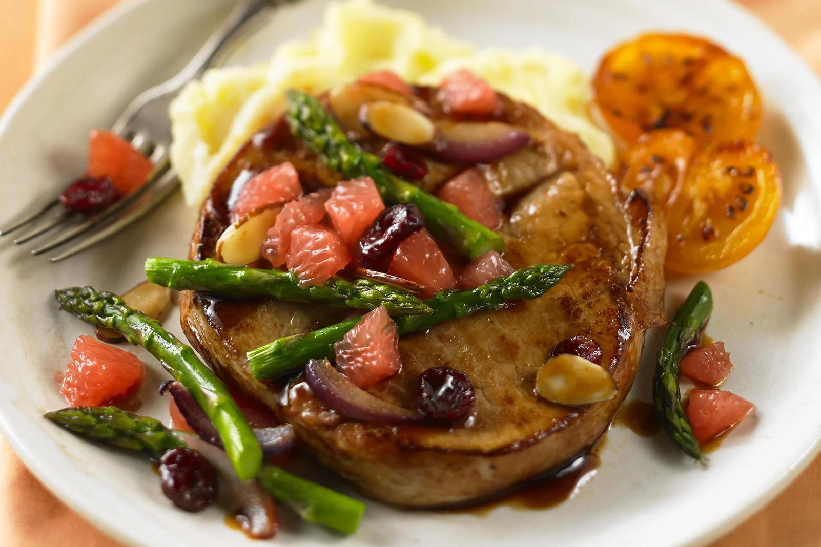 Ruby Glazed Pork Chops with Grapefruit and Asparagus Relish